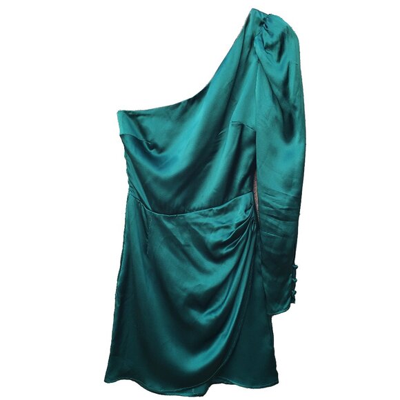 Reformation Hyperion Dress Emerald Silk One Shoulder Long Sleeve Mini 0 - Picture 2 of 8